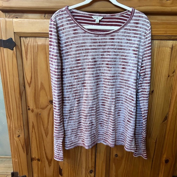 Lucky Lotus Tops - Lucky Lotus Top Cotton Long Sleeve Burgundy White Stripe Women's Size Large